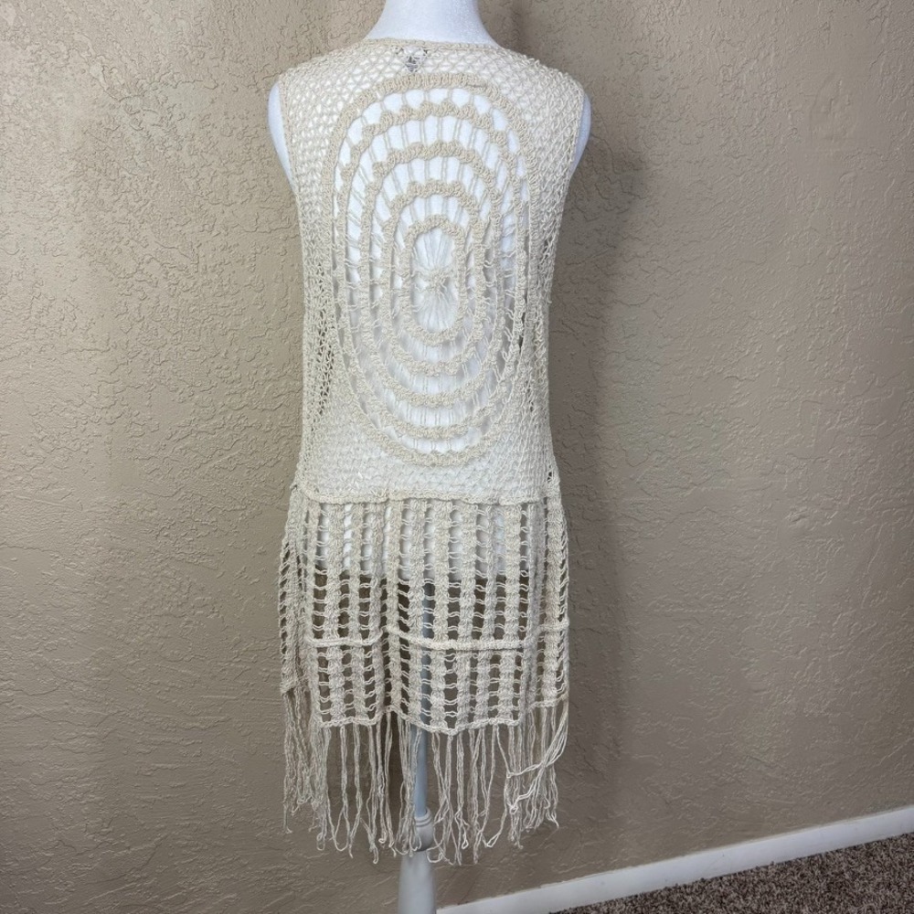Cato Crochet Long Fringe Vest Boho Cardigan Duster Open Knit Festival Womens Lg
